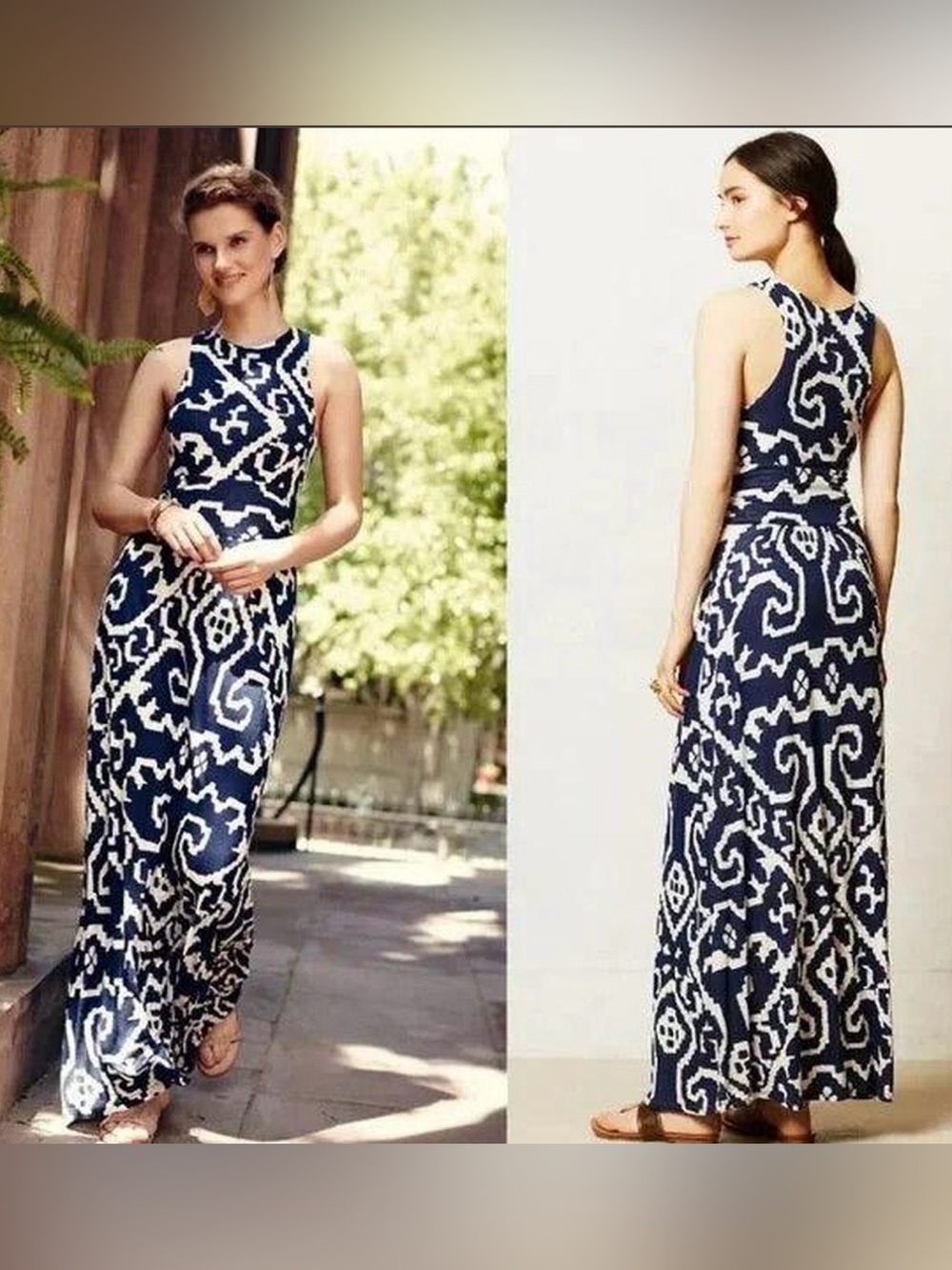 Maeve "Scrollwork" Navy and Off-White Ikat Maxi Dress- M